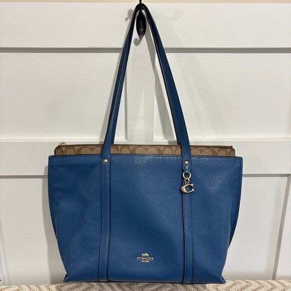 Coach May Leather Tote with Signature Canvas Detail - Picture 1 of 9